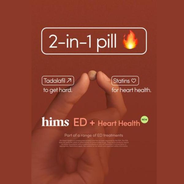 A minimalist advertisement featuring a single pill held between two fingers, clearly labeling its dual health benefits of Tadalafil and Statins.